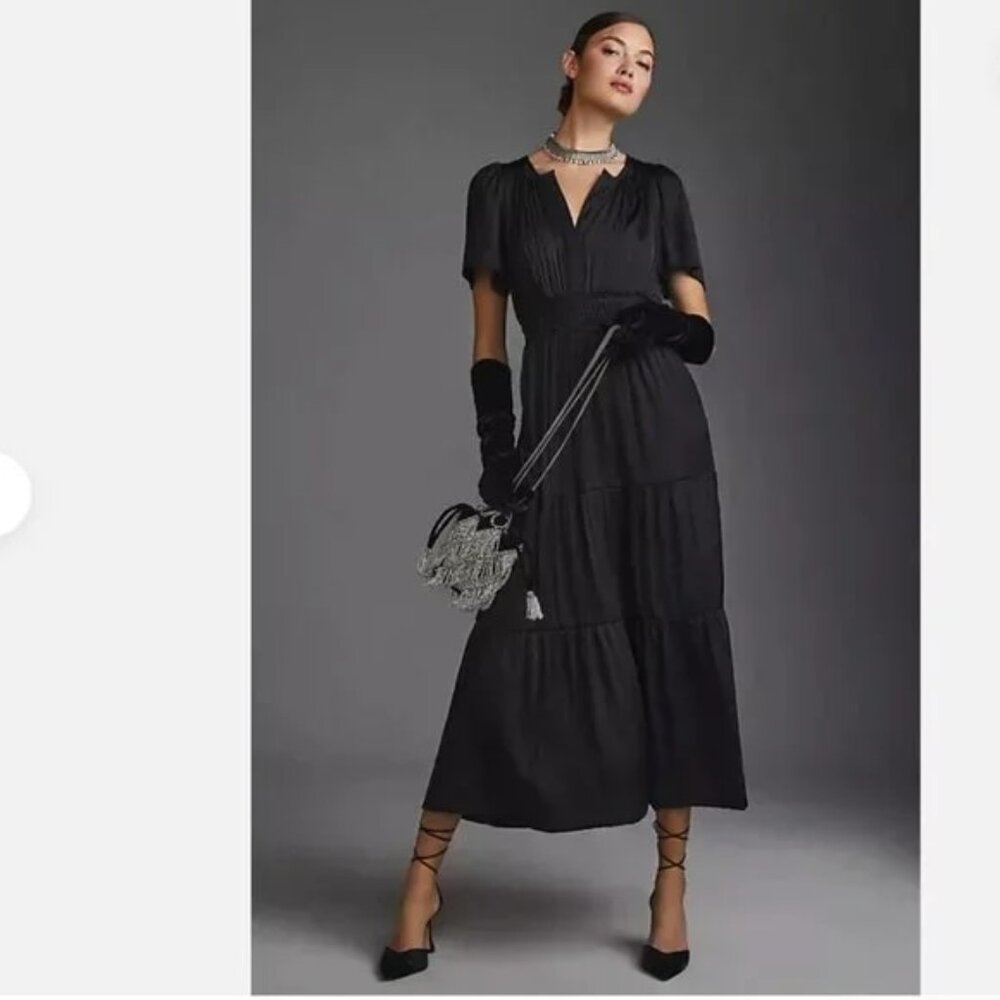 Anthropologie Somerset Satin Maxi Black Tiered Dress